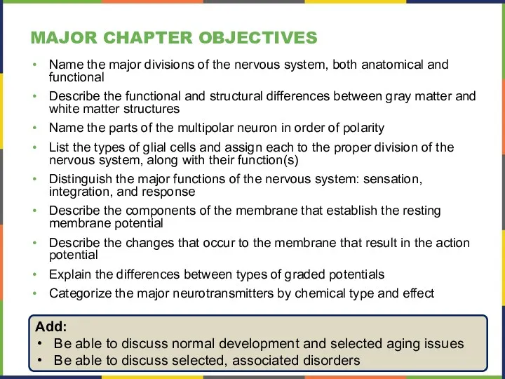 MAJOR CHAPTER OBJECTIVES Name the major divisions of the nervous