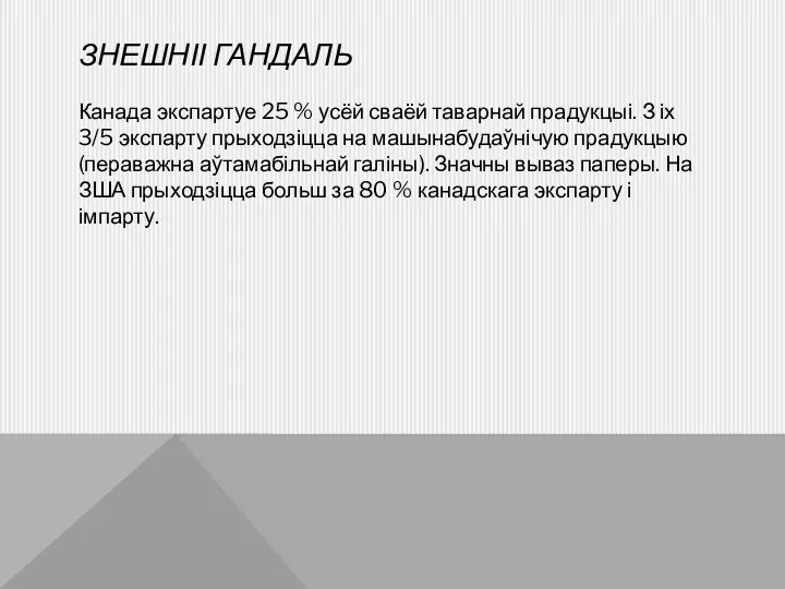 ЗНЕШНІІ ГАНДАЛЬ Канада экспартуе 25 % усёй сваёй таварнай прадукцыі.