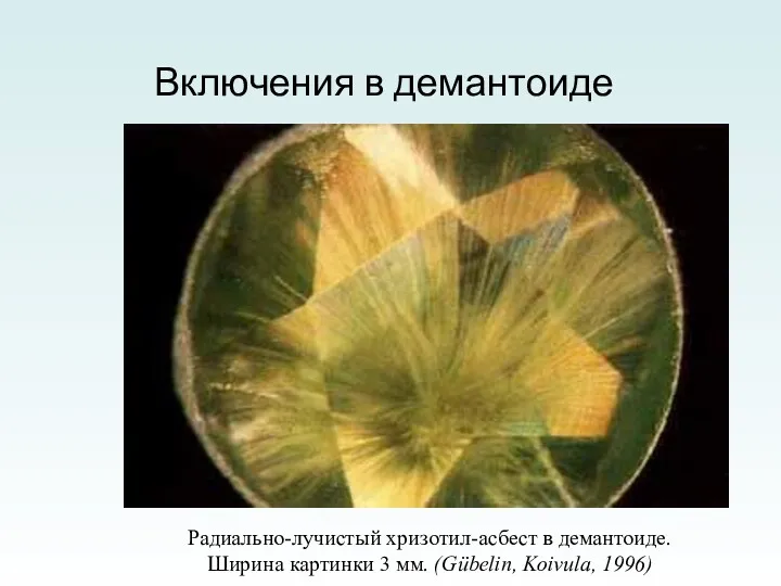 Радиально-лучистый хризотил-асбест в демантоиде. Ширина картинки 3 мм. (Gübelin, Koivula, 1996) Включения в демантоиде