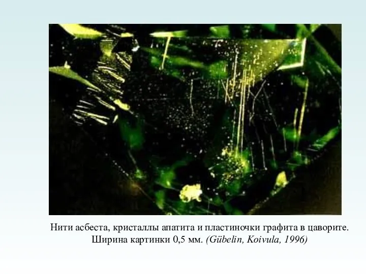 Нити асбеста, кристаллы апатита и пластиночки графита в цаворите. Ширина картинки 0,5 мм. (Gübelin, Koivula, 1996)