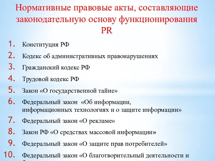 Нормативные правовые акты, составляющие законодательную основу функционирования PR Конституция РФ