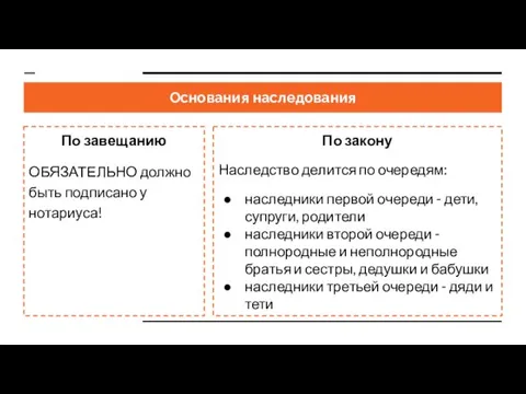 Основания наследования По завещанию ОБЯЗАТЕЛЬНО должно быть подписано у нотариуса!