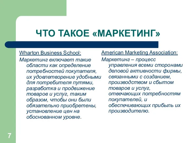 ЧТО ТАКОЕ «МАРКЕТИНГ» Wharton Business School: Маркетинг включает такие области