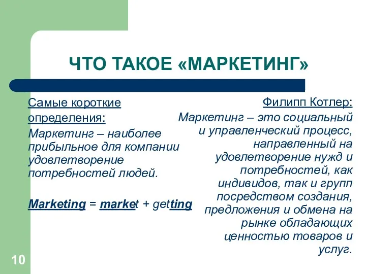 ЧТО ТАКОЕ «МАРКЕТИНГ» Самые короткие определения: Маркетинг – наиболее прибыльное