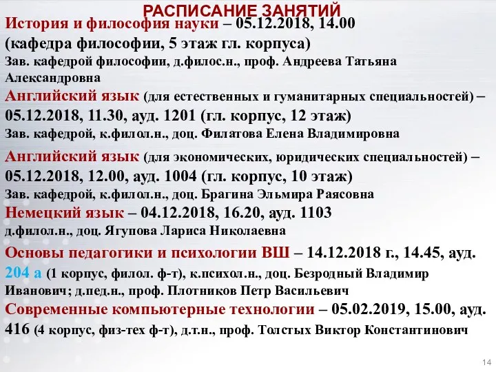 РАСПИСАНИЕ ЗАНЯТИЙ История и философия науки – 05.12.2018, 14.00 (кафедра