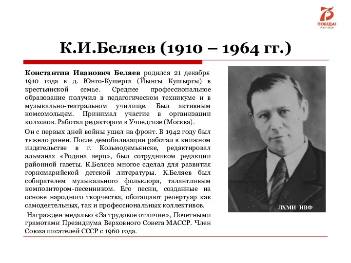 К.И.Беляев (1910 – 1964 гг.) Константин Иванович Беляев родился 21