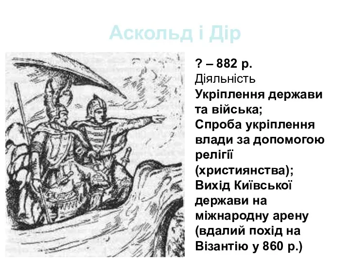 Аскольд і Дір ? – 882 р. Діяльність Укріплення держави