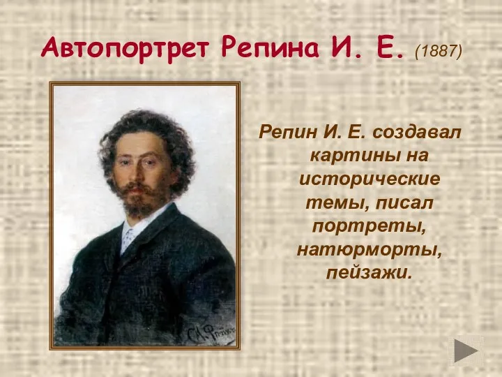 Автопортрет Репина И. Е. (1887) Репин И. Е. создавал картины