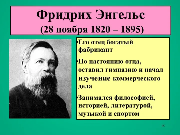 Фридрих Энгельс (28 ноября 1820 – 1895) Его отец богатый