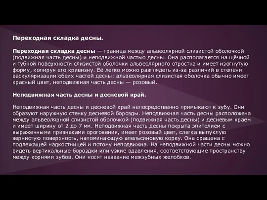 Переходная складка десны. Переходная складка десны — граница между альвеолярной слизистой оболочкой (подвижная