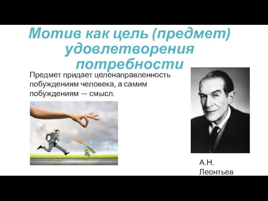 Мотив как цель (предмет) удовлетворения потребности А.Н. Леонтьев Предмет придает