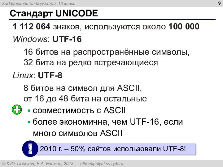 Стандарт UNICODE 1 112 064 знаков, используются около 100 000 Windows: UTF-16 16