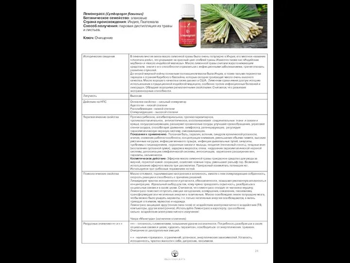 Лемонграсс (Cymbopogon flexuosus) Ботаническое семейство: злаковые Страна происхождения: Индия, Гватемала Способ получения: паровая