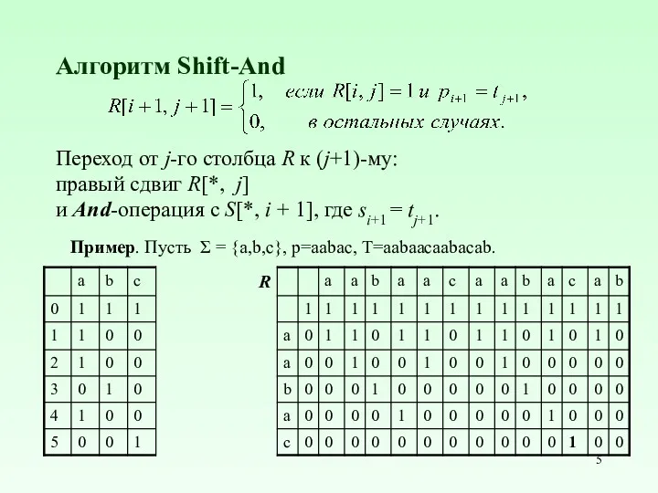 Алгоритм Shift-And Пример. Пусть Σ = {a,b,c}, p=aabac, T=aabaacaabacab. Переход