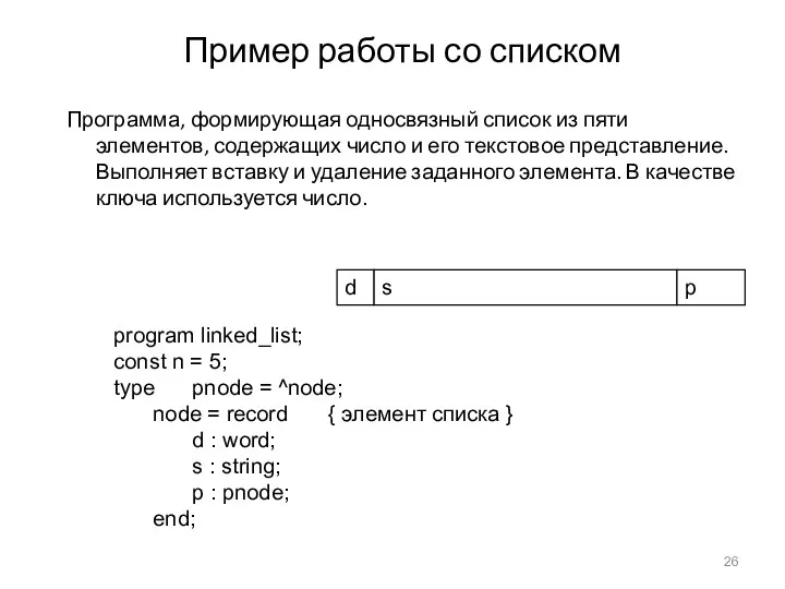 Пример работы со списком Программа, формирующая односвязный список из пяти