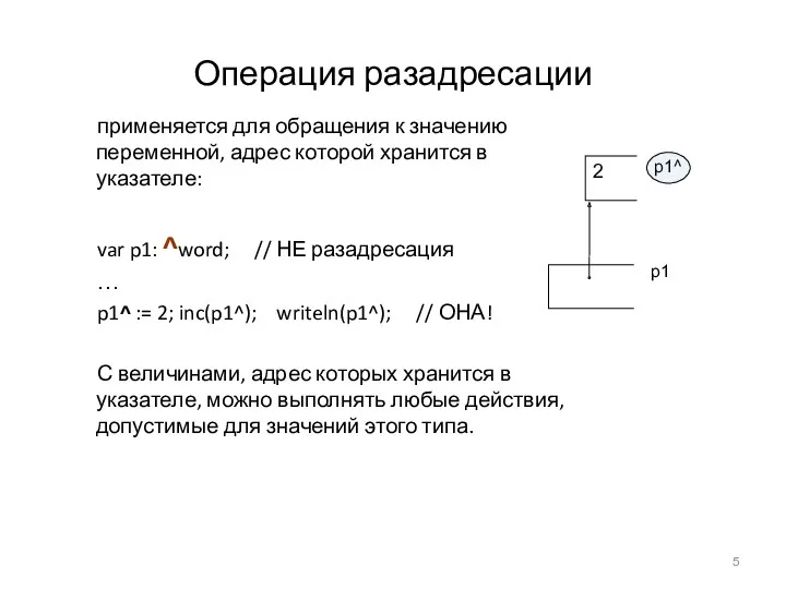 Операция разадресации применяется для обращения к значению переменной, адрес которой