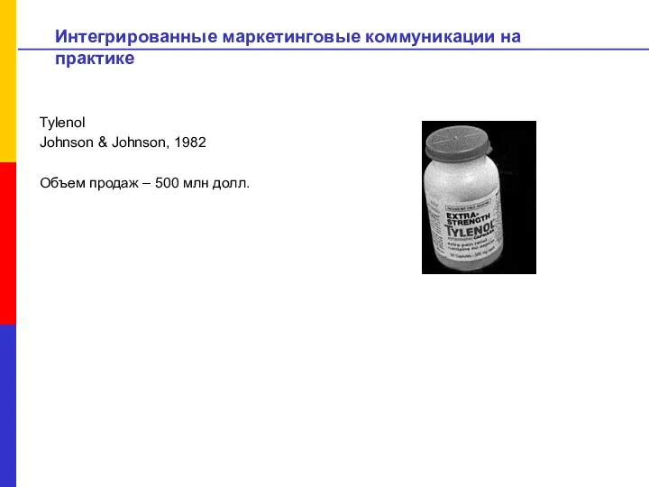 Интегрированные маркетинговые коммуникации на практике Tylenol Johnson & Johnson, 1982 Объем продаж – 500 млн долл.