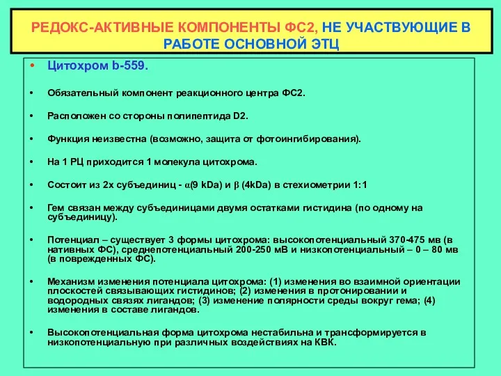 Цитохром b-559. Обязательный компонент реакционного центра ФС2. Расположен со стороны