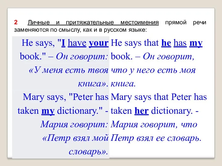 2 Личные и притяжательные местоимения прямой речи заменяются по смыслу, как и в русском языке: