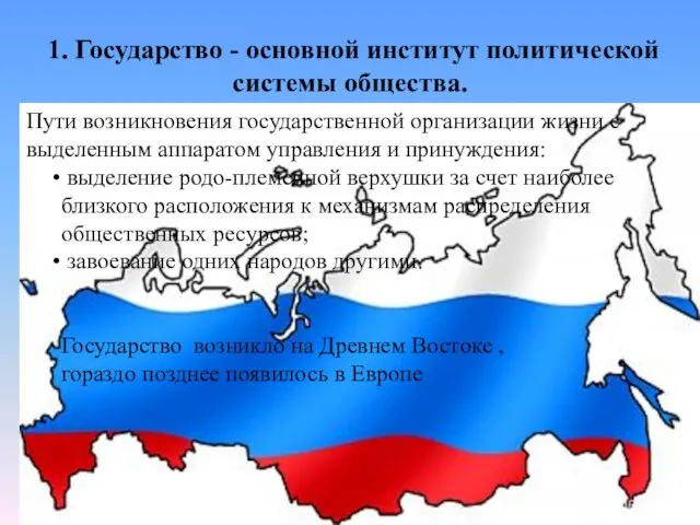 1. Государство - основной институт политической системы обще­ства. Пути возникновения