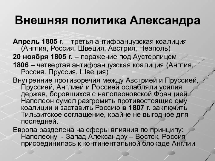 Внешняя политика Александра Апрель 1805 г. – третья антифранцузская коалиция(Англия,