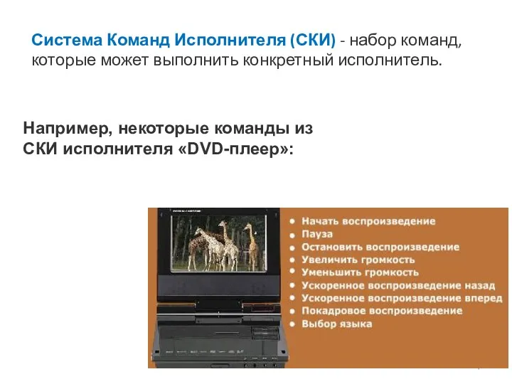 Система Команд Исполнителя (СКИ) - набор команд, которые может выполнить