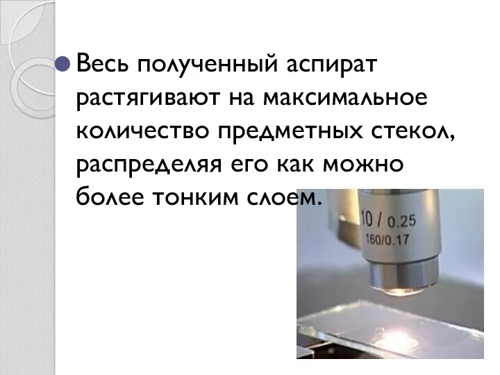 Весь полученный аспират растягивают на максимальное количество предметных стекол, распределяя его как можно более тонким слоем.