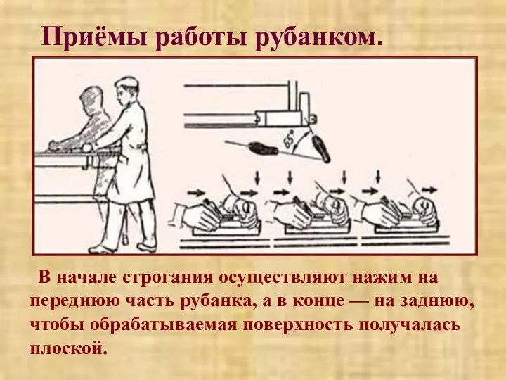 Приёмы работы рубанком. В начале строгания осуществляют нажим на переднюю