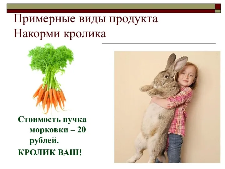 Примерные виды продукта Накорми кролика Стоимость пучка морковки – 20 рублей. КРОЛИК ВАШ!