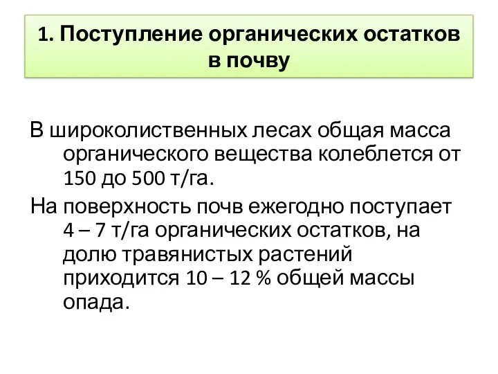 1. Поступление органических остатков в почву В широколиственных лесах общая