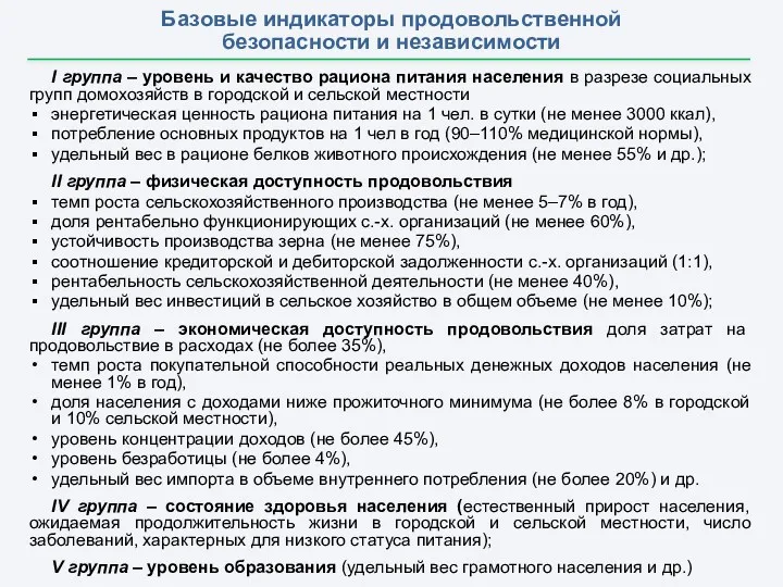 Базовые индикаторы продовольственной безопасности и независимости I группа – уровень