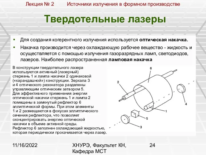 11/16/2022 ХНУРЭ, Факультет КН, Кафедра МСТ Твердотельные лазеры Для создания