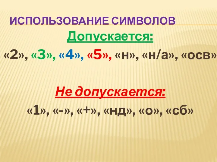 ИСПОЛЬЗОВАНИЕ СИМВОЛОВ Допускается: «2», «3», «4», «5», «н», «н/а», «осв»