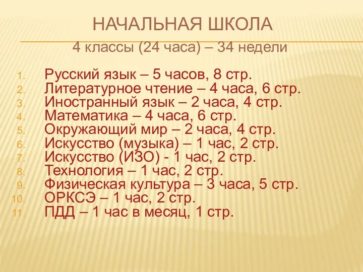 НАЧАЛЬНАЯ ШКОЛА 4 классы (24 часа) – 34 недели Русский