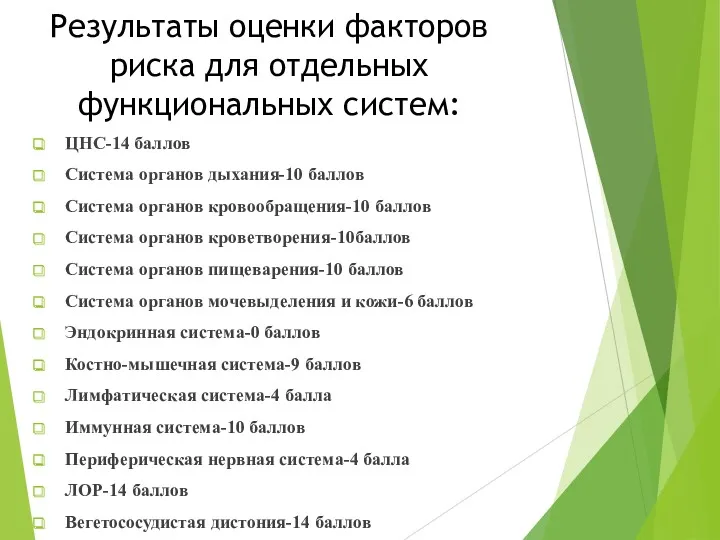 Результаты оценки факторов риска для отдельных функциональных систем: ЦНС-14 баллов