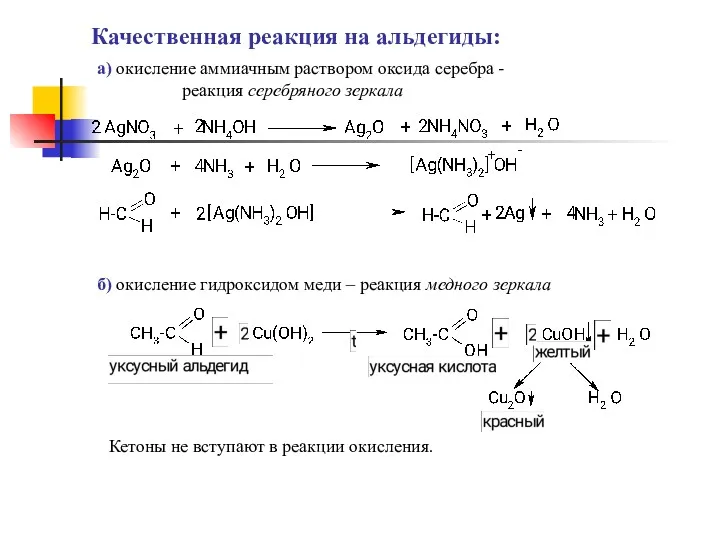 Качественная реакция на альдегиды: а) окисление аммиачным раствором оксида серебра