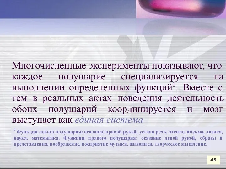 Многочисленные эксперименты показывают, что каждое полушарие специализируется на выполнении определенных