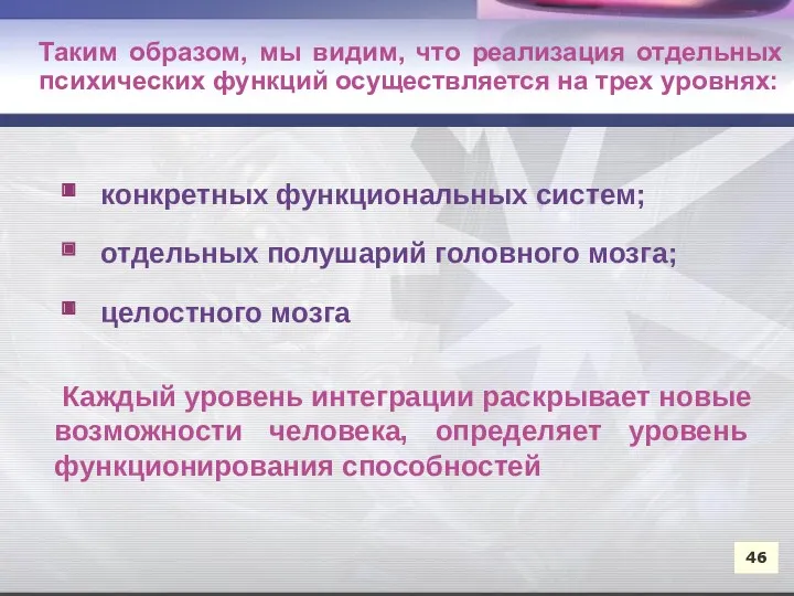 конкретных функциональных систем; отдельных полушарий головного мозга; целостного мозга Каждый