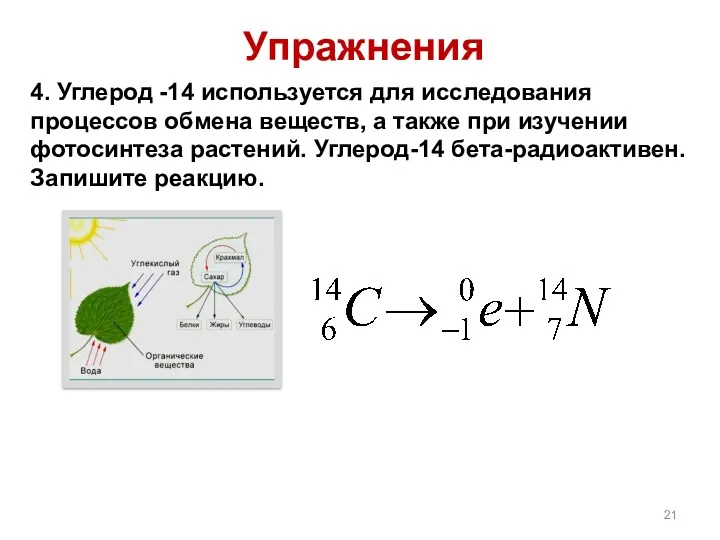 4. Углерод -14 используется для исследования процессов обмена веществ, а