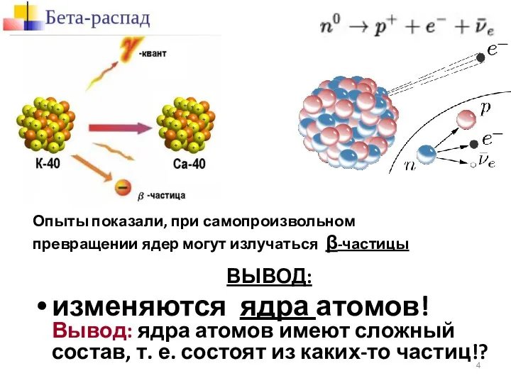 Опыты показали, при самопроизвольном превращении ядер могут излучаться β-частицы ВЫВОД: