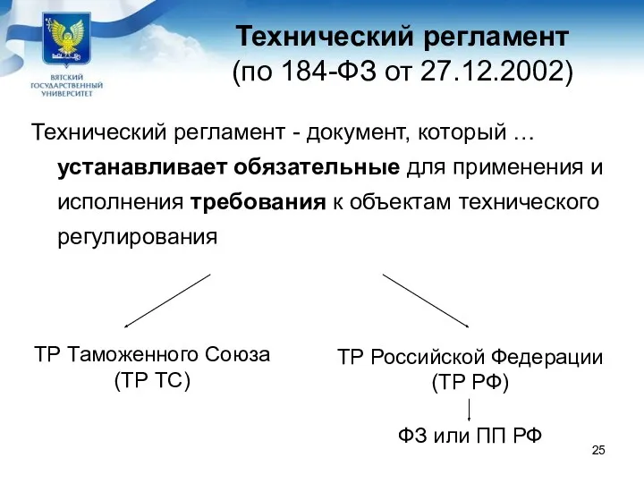 Технический регламент (по 184-ФЗ от 27.12.2002) Технический регламент - документ,