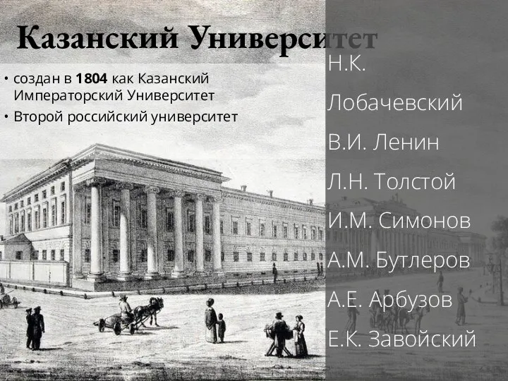 Казанский Университет создан в 1804 как Казанский Императорский Университет Второй