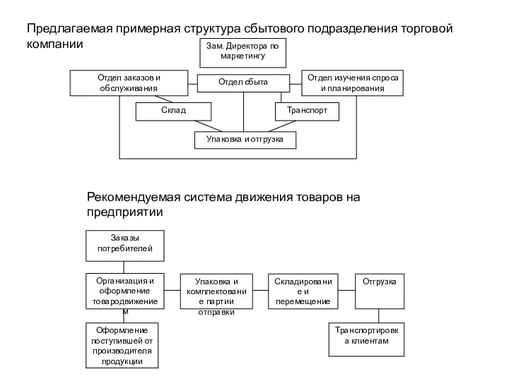 Предлагаемая примерная структура сбытового подразделения торговой компании Рекомендуемая система движения товаров на предприятии