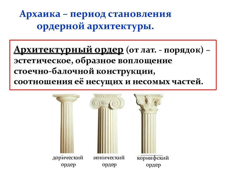 Архаика – период становления ордерной архитектуры. Архитектурный ордер (от лат.