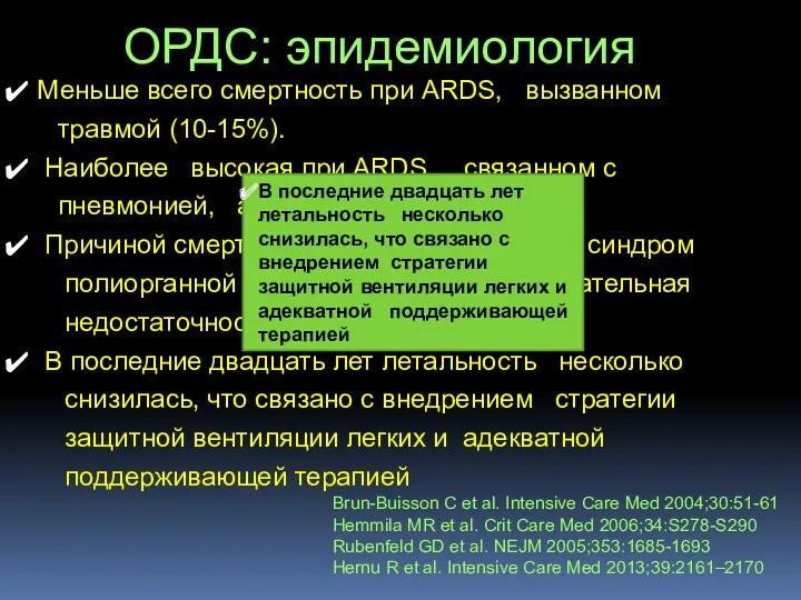 ОРДС: эпидемиология Меньше всего смертность при ARDS, вызванном травмой (10-15%).