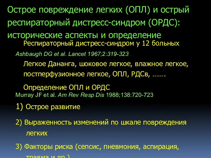 Респираторный дистресс-синдром у 12 больных Ashbaugh DG et al. Lancet