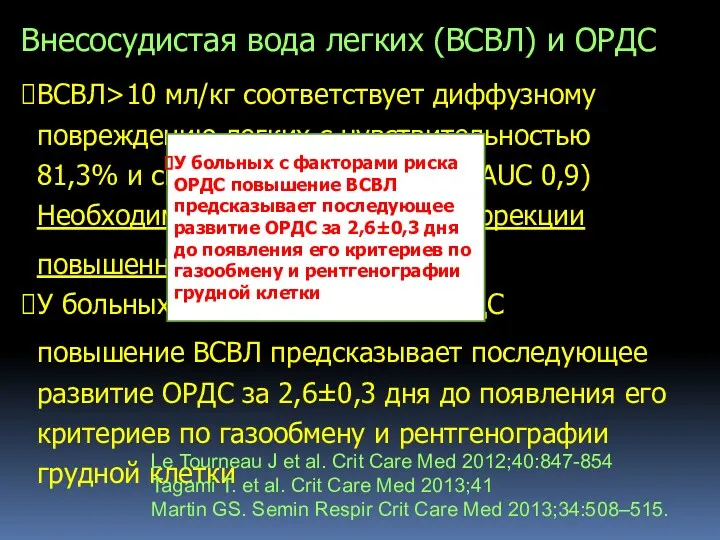 ВСВЛ>10 мл/кг соответствует диффузному повреждению легких с чувствительностью 81,3% и