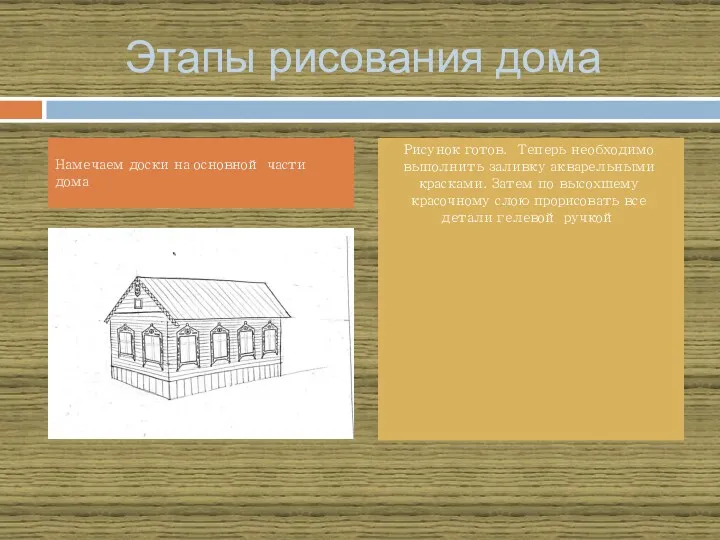 Этапы рисования дома Намечаем доски на основной части дома Рисунок готов. Теперь необходимо