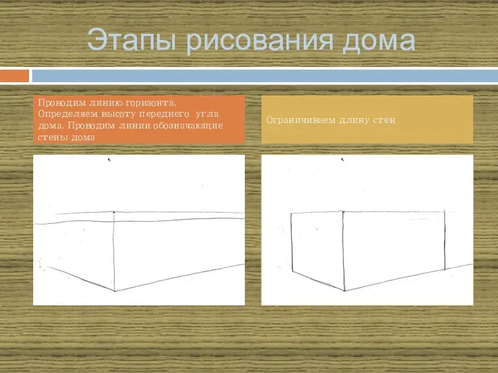 Этапы рисования дома Проводим линию горизонта. Определяем высоту переднего угла