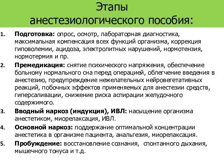 Этапы анестезиологического пособия: Подготовка: опрос, осмотр, лабораторная диагностика, максимальная компенсация всех функций организма,